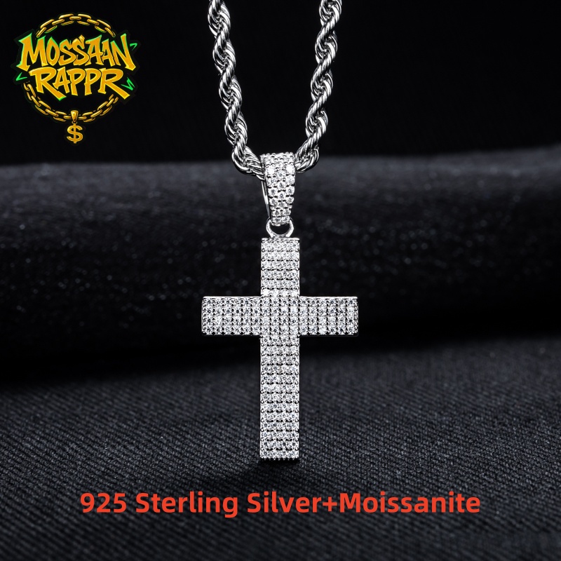 925 Sterling Silver Chain Necklace Men - 모산랩퍼 모이사나이트 블링 크로스 펜던트 아이스드