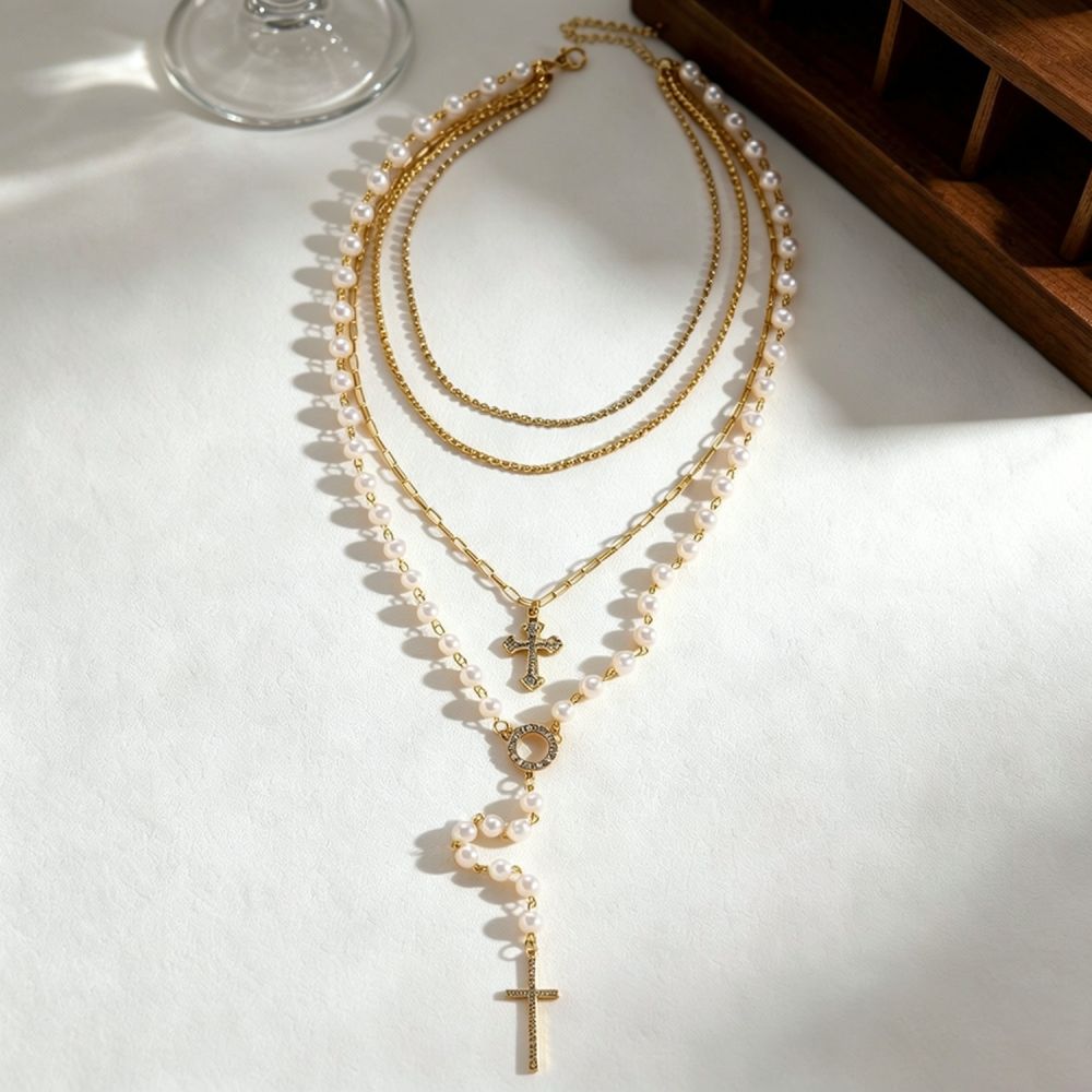세련된 레이어드 크로스 펜던트 목걸이, 하누메이시 진주 - Layered Pendant Necklace Aesthetic 리뷰 및 가격