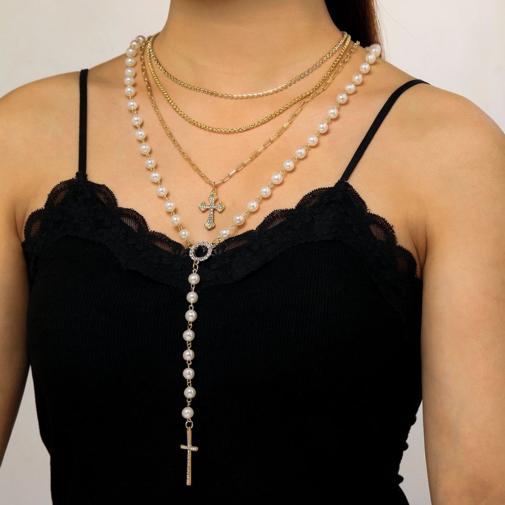 세련된 레이어드 크로스 펜던트 목걸이, 하누메이시 진주 - Layered Pendant Necklace Aesthetic 리뷰 및 가격