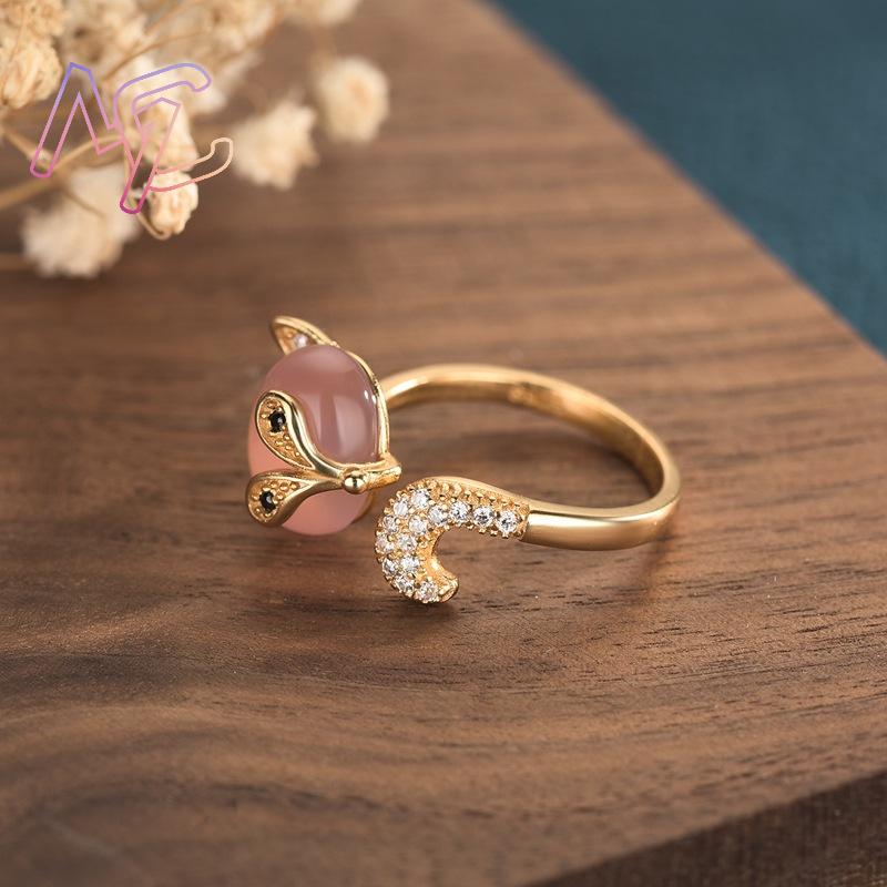 핑크 천연 옥 여우 반지 진짜 보석 부적 빈티지 조절  - Rings 리뷰 및 가격